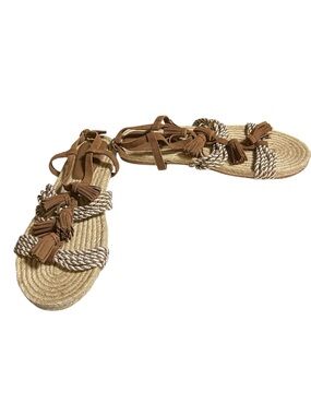 Anthropologie Boho Rope Sandals Size 10 Fringe Tassel Espadrille Ankle Wrap Neut